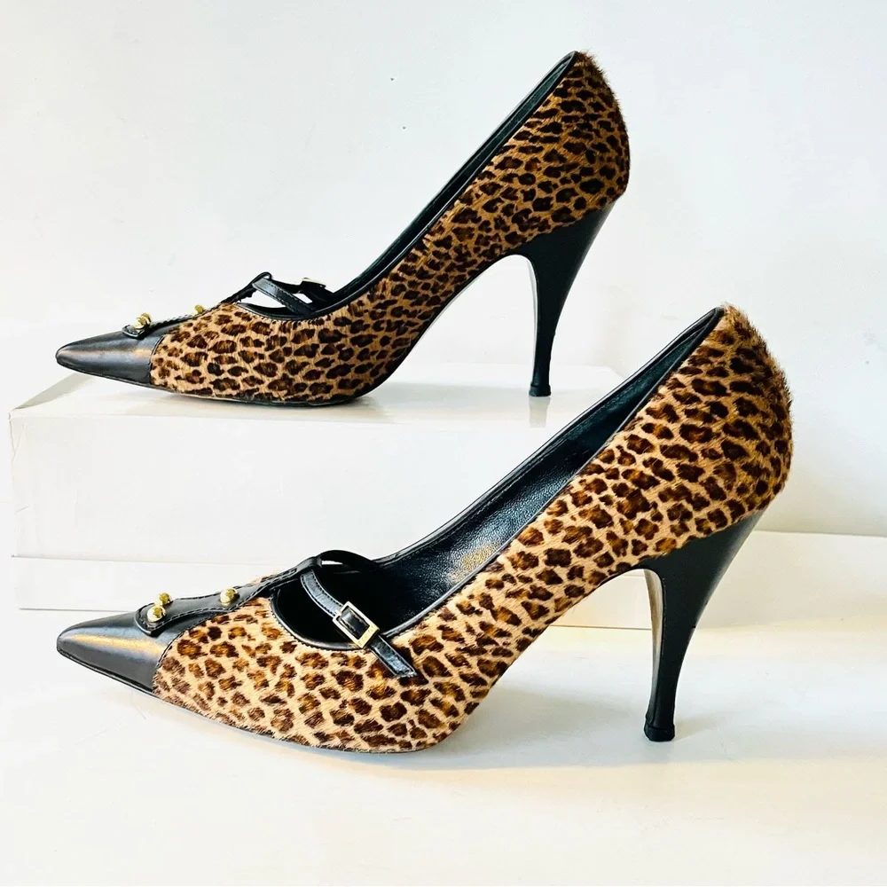 Fendi black tan calf hair animal print heels pumps 38
